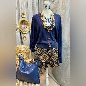 Sold- Gold Navy Jacquard Shorts and Cardigan Set